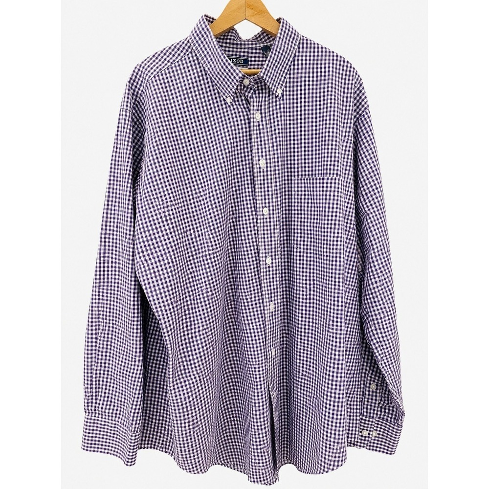 IZOD Stretch Big Men's 18 34/35 Blue White Gingham Button Down Dress Shir